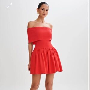 Meshki red knit drop waist off the shoulder mini dress